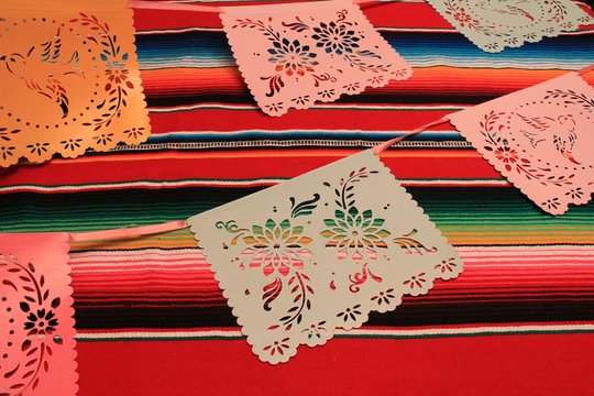 Cinco de mayo Mexican Papel Picado Paper Bunting poncho sombrero background Mexico fiesta decoration bunting flag stock, photo, photograph, image, picture, 