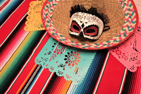 poncho sombrero cinco de mayo background mexican mexico fiesta serape cinco de mayo decoration bunting papel picado stock, photo, photograph, image, picture