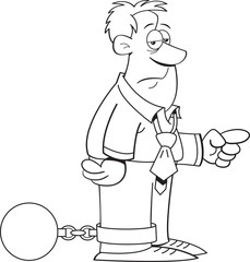 Black and white illustration of a man pointing wearing a ball and chain.