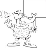 Black and white illustration of an elephant dressed as a clown and holding a sign.