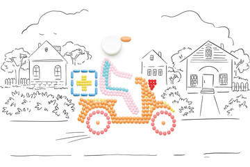 Naklejka premium Help in road / Creative medicine and healthcare concept made of pills, drugs motorbike delivery, on sketchy country background. 
