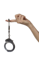 woman hand holding handcuffs isolated over white