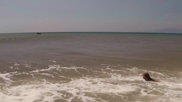 Child, Little Girl Swimming in Sea Water, young Lady plays in surf, beach
