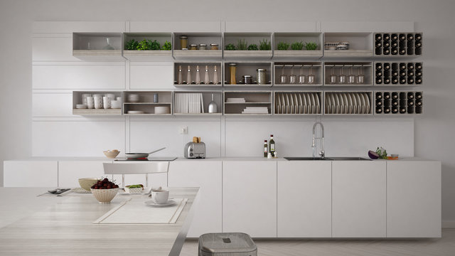 Scandinavian white kitchen with breakfast, minimalistic interior