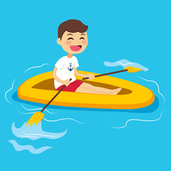 Happy little boy in water with yellow rubber boat rowing