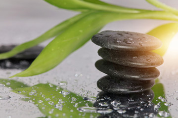 Spa concept. Volcanic rocks and bamboo on reflective background with raindrops. Relaxation, body care treatment, wellness