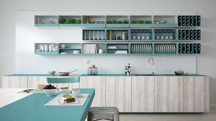 Minimalistic white kitchen with wooden and turquoise details, ve