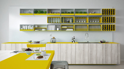 Minimalistic white kitchen with wooden and yellow details, veget