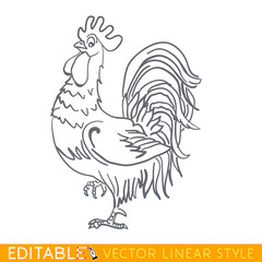 Happy New Year icon of rooster. Editable outline sketch. Stock vector illustration.