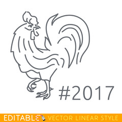Happy New Year icon of rooster. Editable outline sketch. Stock vector illustration.