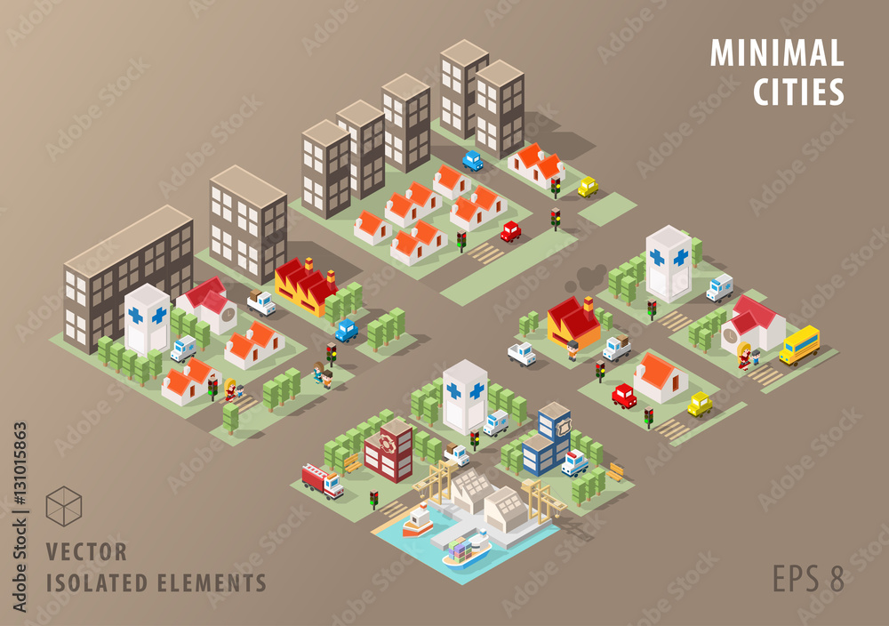 Poster set of isolated isometric minimal city maps. elements with shadows on dark background.