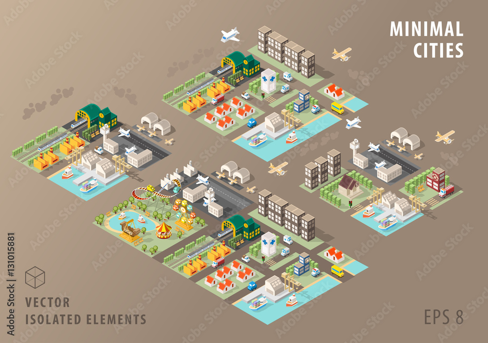 Poster set of isolated isometric minimal city maps. elements with shadows on dark background.