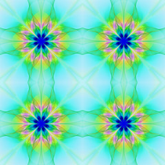 Fototapeta na wymiar Abstract seamless flower ornament on white background. Symmetric fractal pattern in pink, yellow, blue and green colors. Creative design for wallpapers or textile. Digital art. 3D rendering.