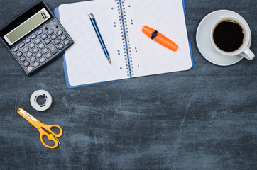 Business desk in office top view banner concept