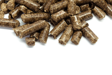 stack of wooden pellets for bio energy, white background, isolated