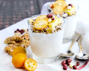 Fresh tasty breakfast Yogurt with fruits and muesli