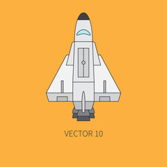 Line flat color vector icon elements of aerospace program space shuttle. Cartoon style. Astronautics. Illustration and element for your design. Space investigations. Galaxy. Clipart. Logo. Technology.