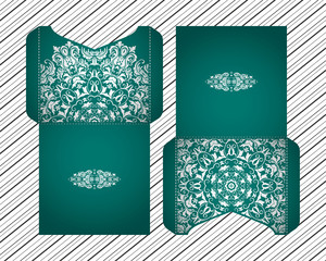 Naklejka premium Vector wedding invitation with laser cut pattern and ornament of the mandala. Laser cut envelope design, ethnic style laser cut invitations. Collection envelopes for laser cutting. Mandala