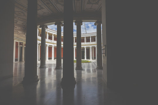 Interior of the entrance to the Zappio conference hall and view of the inner yard of the building.