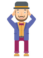 Stressful circus performer clutching his head.