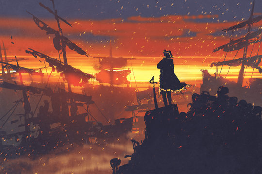 pirate standing on treasure pile against ruined ships at sunset,illustration painting