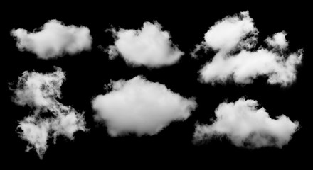 set of white clouds isolated on black background