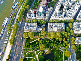 Aerial view of Paris from the Eiffel tower, Spring day in Paris, France