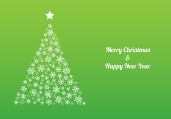 White Christmas tree made of snowflakes with wishes on a green background. Vector illustration.