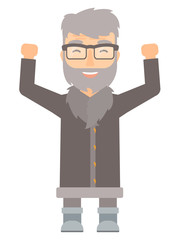 North man standing with raised arms up.