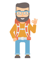 Backpacker showing ok sign vector illustration.