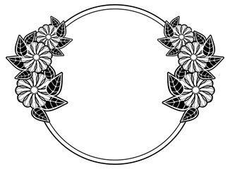 Round black and white frame with abstract decorative flowers. Copy space. 