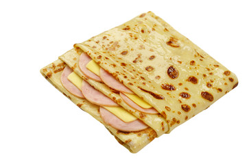 Pancake with cheese and sausage isolated on white