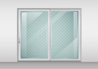 Modern wide sliding door with transparent glass. Vector graphics. The interior of the room.