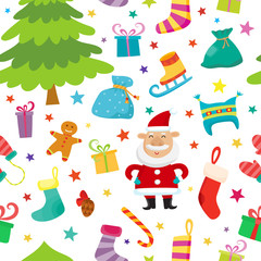 Christmas seamless simple pattern with stars, christmas tree, gifts