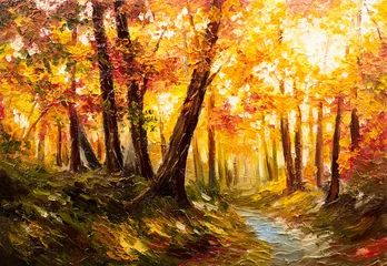 Fototapeten Ölgemälde Landschaft - Herbstwald in der Nähe des Flusses, Orangenblätter © Fresh Stock