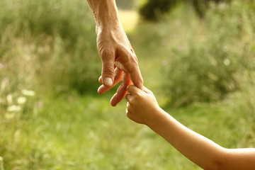 the parent holds the hand of a child