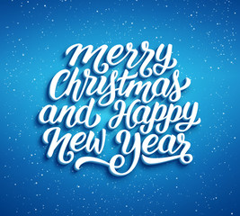 Merry Christmas and Happy New Year lettering on blue blurry vector background with sparkles. Greeting card design template with 3D typography text label