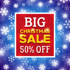 Fototapeta na wymiar Big Christmas Sale promotion banner with special offer 50 percent off. Abstract blue vector background with red typographic label for Xmas clearance marketing flyer.