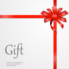 Vector red bow Illustration. Isolated long red ribbon and big bow with two tails. Colourful satin stretching line. Holiday concept. New Year, Christmas banner. Cartoon style. Front view.