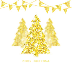 Merry Christmas design. Golden Xmas trees with glitter bunting flags.