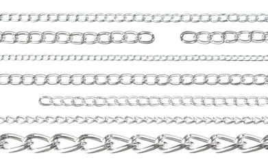 Collection of Silver metal chains isolated on white background