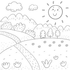 coloring book sunny meadow, mountains, trees design for kids