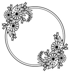 Round black and white frame with abstract decorative flowers. Copy space.