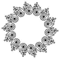 Round black and white frame with abstract decorative flowers. Copy space. 