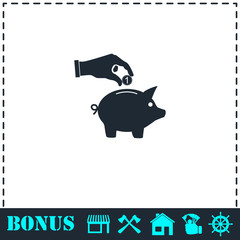 Hand pick down coin into pig money box icon flat