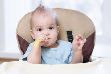 baby holding a spoon in his mouth