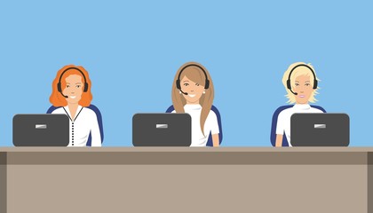 Web banner of call center workers. Young women in headphones sitting at the table on a blue background. It can be used for websites. Vector illustration.