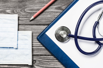 Desk of doctor with medicine things