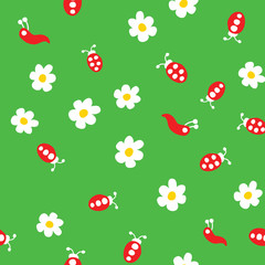 Ladybug, worm and flowers seamless pattern. Cartoon ladybirds on grass green background. Vector illustration.