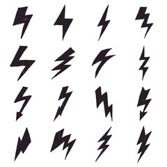 Collection of hand drawn lightning bolt symbols isolated on a white background. Vector illustration